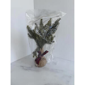 Mini Artificial Christmas Tree in Burlap Decor Christmas Holiday Plaid Ribbon